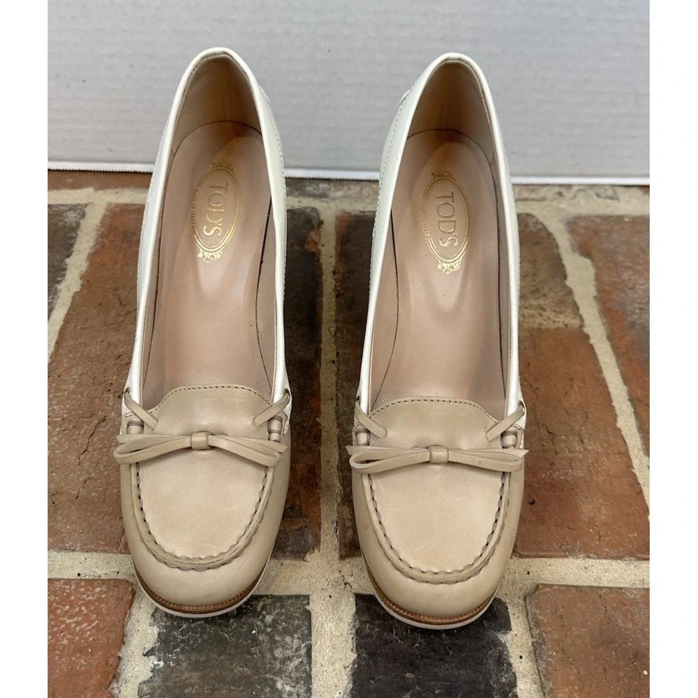Tod's Two-Tone Leather Loafer Pumps High Stacked Heel Beige & White Women's 6